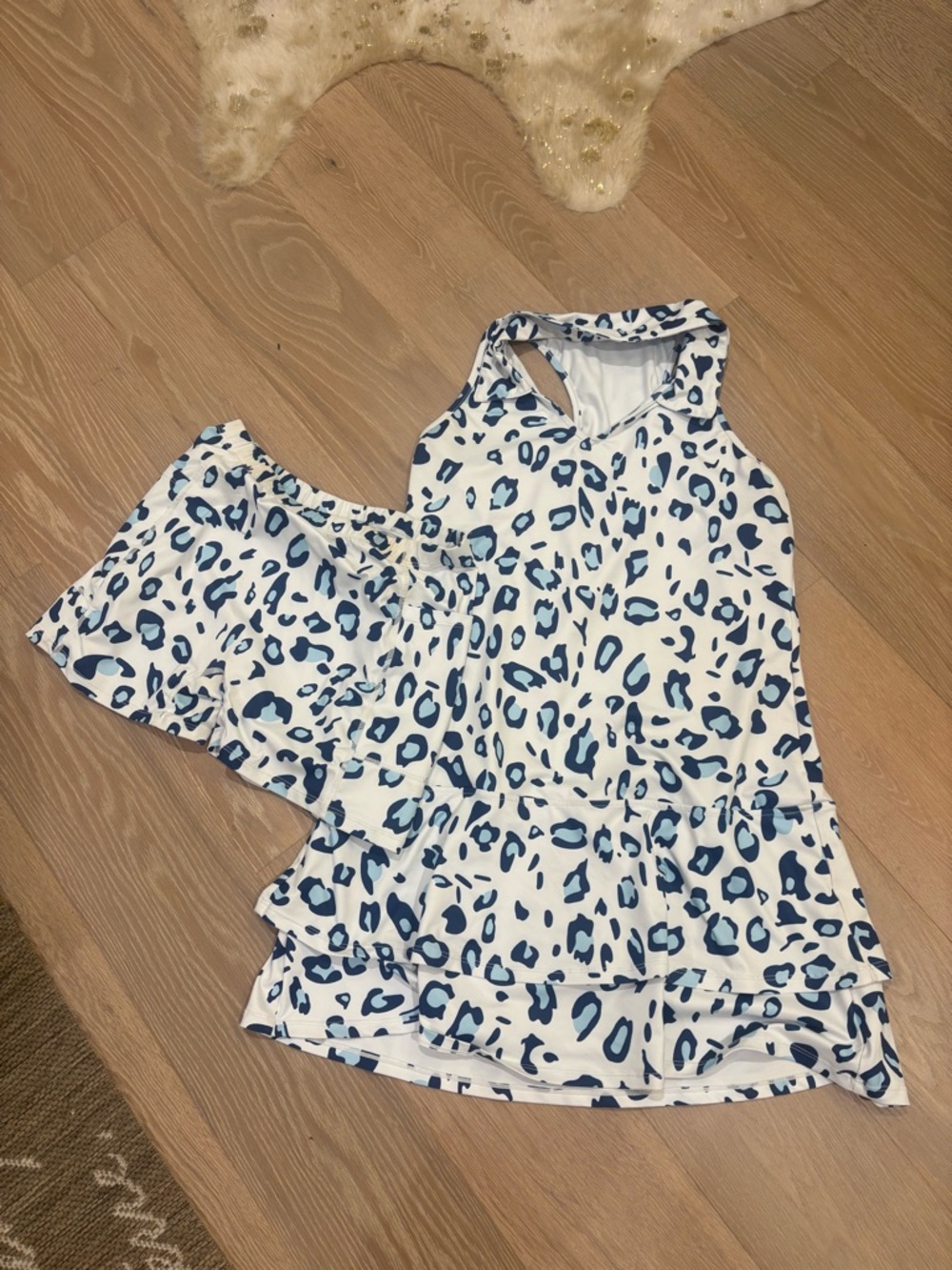 Sleeveless Blue Leopard Print Mini Activewear Dress with shorts